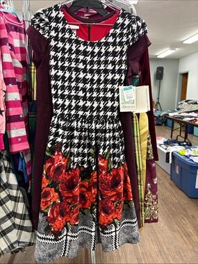 Bonnie Jean Black & Red Houndstooth Dress with Rose Print